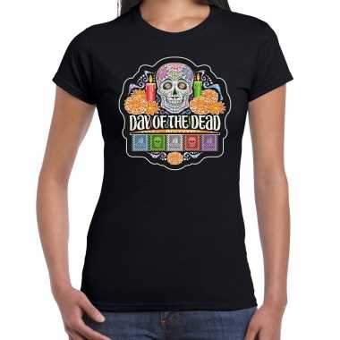 Day of the dead / dag doden halloween verkleed t shirt / verkleedkleding zwart dames tip