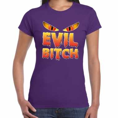 Verkleedkleding halloween evil bitch verkleed t shirt paars dames tip
