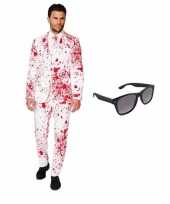 Verkleedkleding feest bloed print tuxedo business suit 46 s heren gratis zonnebril
