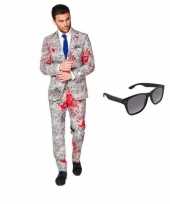 Verkleedkleding feest bloedhanden print tuxedo business suit 46 s heren gratis zonnebril