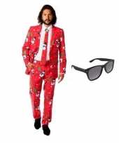 Verkleedkleding feest kerst print tuxedo business suit 50 l heren gratis zonnebril