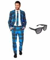 Verkleedkleding feest schotse print tuxedo business suit 56 3xl heren gratis zonnebril