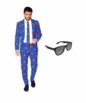 Verkleedkleding feest superman print tuxedo business suit 46 s heren gratis zonnebril